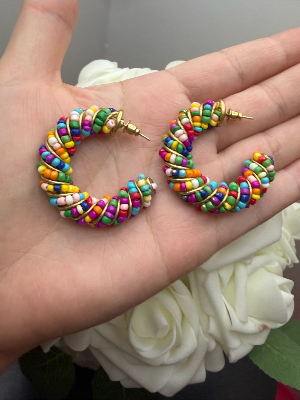 Multicolor Beaded Spiral Hoop Earrings - Women Jewelry